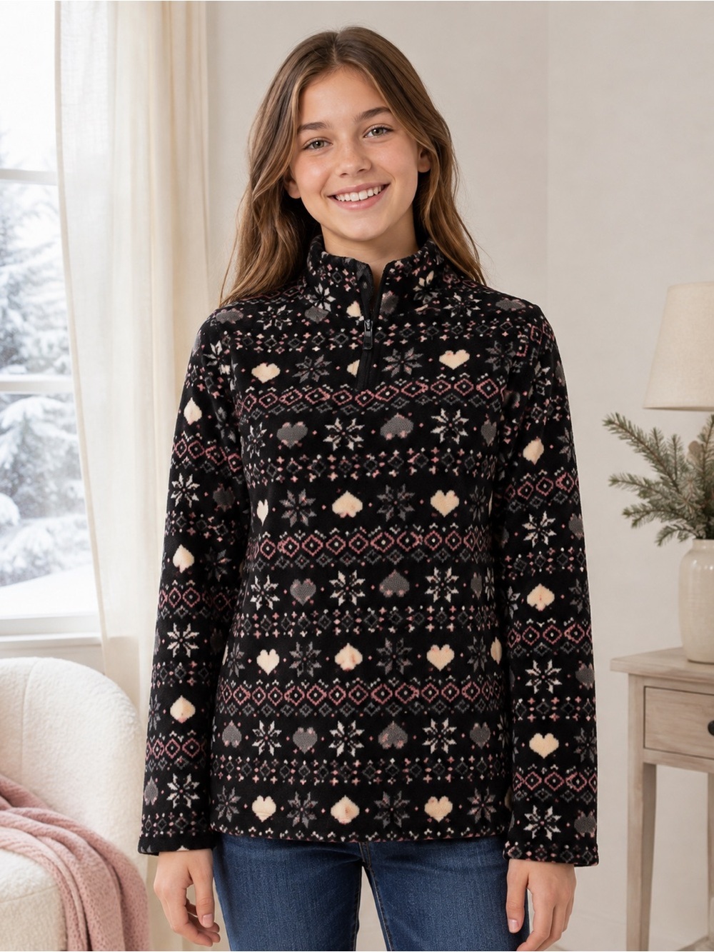 The Children’s Place Girls XXL 16 Fair Isle Fleece Quarter Zip Pullover Black
